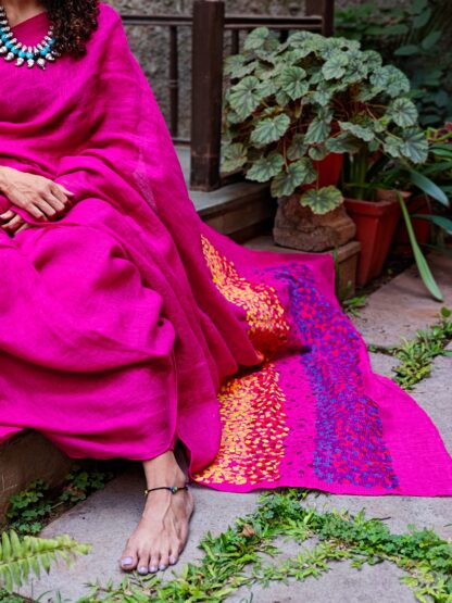 Calyz Pink Linen Saree with Collage Technique - Image 6